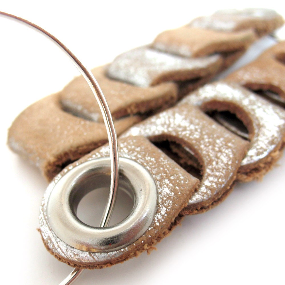 Hoop Earrings with Rustic Silver Leather Links, Women, Teen Girl, Fashion, Eco-Friendly, Reclaimed, Dangle Earrings, Pierced Ears, OOAK