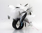 Cuff Bracelet Black & White Party Feathers and Leather Corsage Wristband, Spring Fashion, Eco Friendly, Unique, OOAK