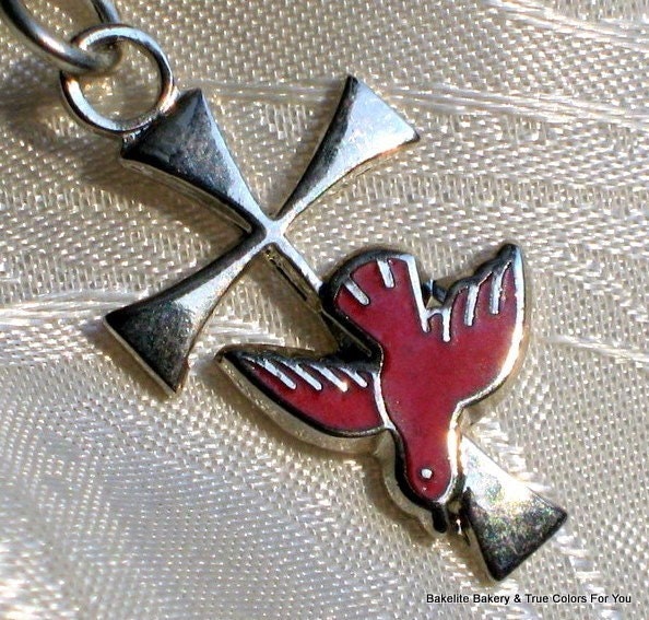 Peace Dove Cross Vintage Pendant Necklace Holy Spirit 60s 70s Communion Christian Love Religious Spiritual Easter Red Enamel Embossed Jesus