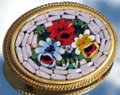Micro Mosaic ItaLy Vintage Brooch Pin Signed Antique FLower Ornate Red Blue Yellow White Elegant Designer Romantic Detailed Estate