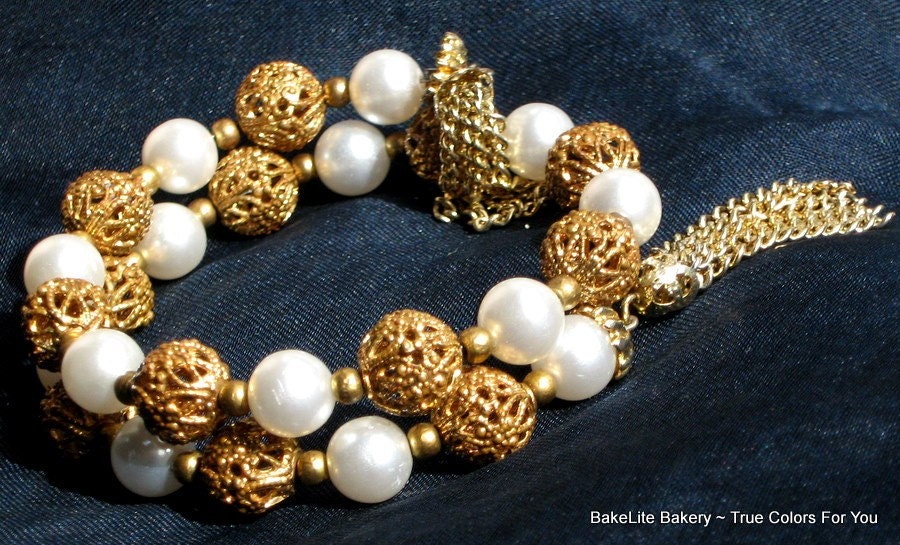 PearLs Vintage Bracelet Wrap Bangle Wedding Dangling Tassel Mad Men Bold Filigree Beads Mid Century Hollywood