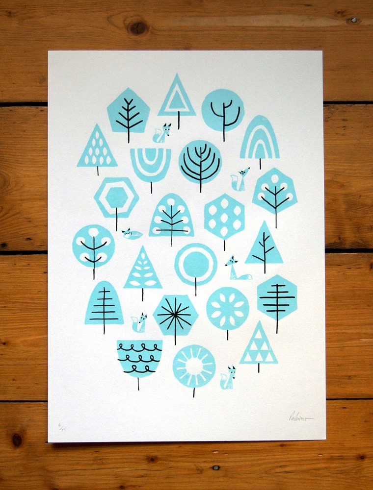 Foxy Forest - Blue - A3 Screenprint