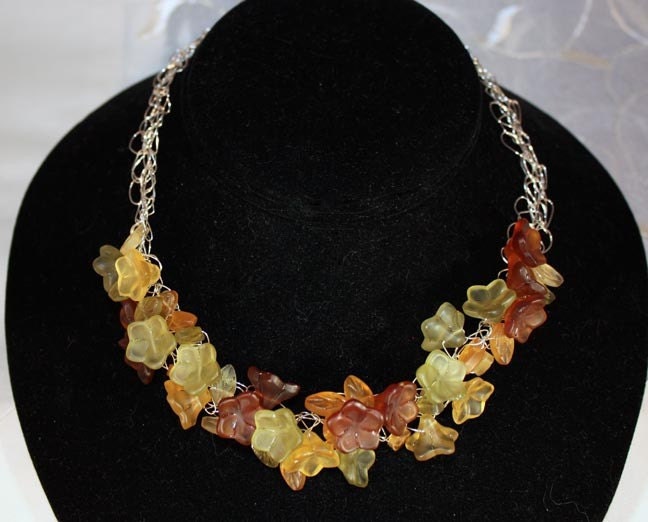 NEW Goodbye Fall  Hello Spring - Crochet Wire Knit Necklace w/ Flowers and Leaves Glass Beads Original Design by Kristen Stein