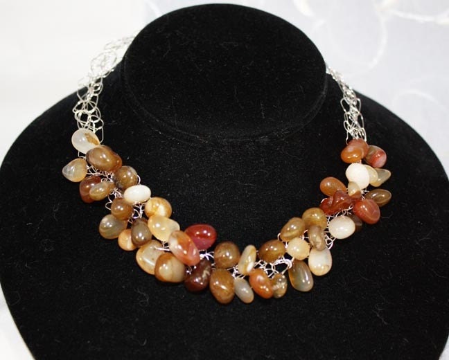 Enchanted Earth - Crochet Wire Knit Glass Stone Pebble Beads Necklace Choker in Sterling Silver by Kristen Stein