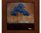 Blue Tree Cluster Modern Art Abstract Landscape Framed Tile Signed by Artist Kristen Stein