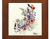 Spring Birds and Flowers    Framed Fine Art Ceramic Tile  original design by Kristen Stein
