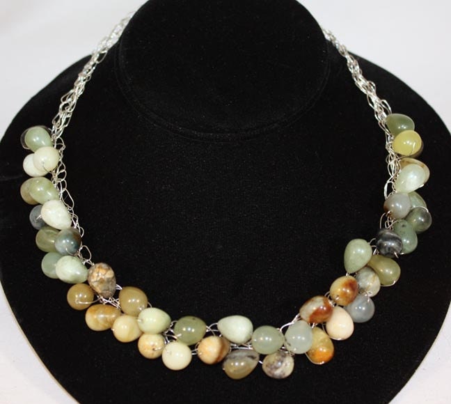 Mixed Jade Sterling Silver Crochet Wire Knit - Genuine Gemstone Necklace by Kristen Stein