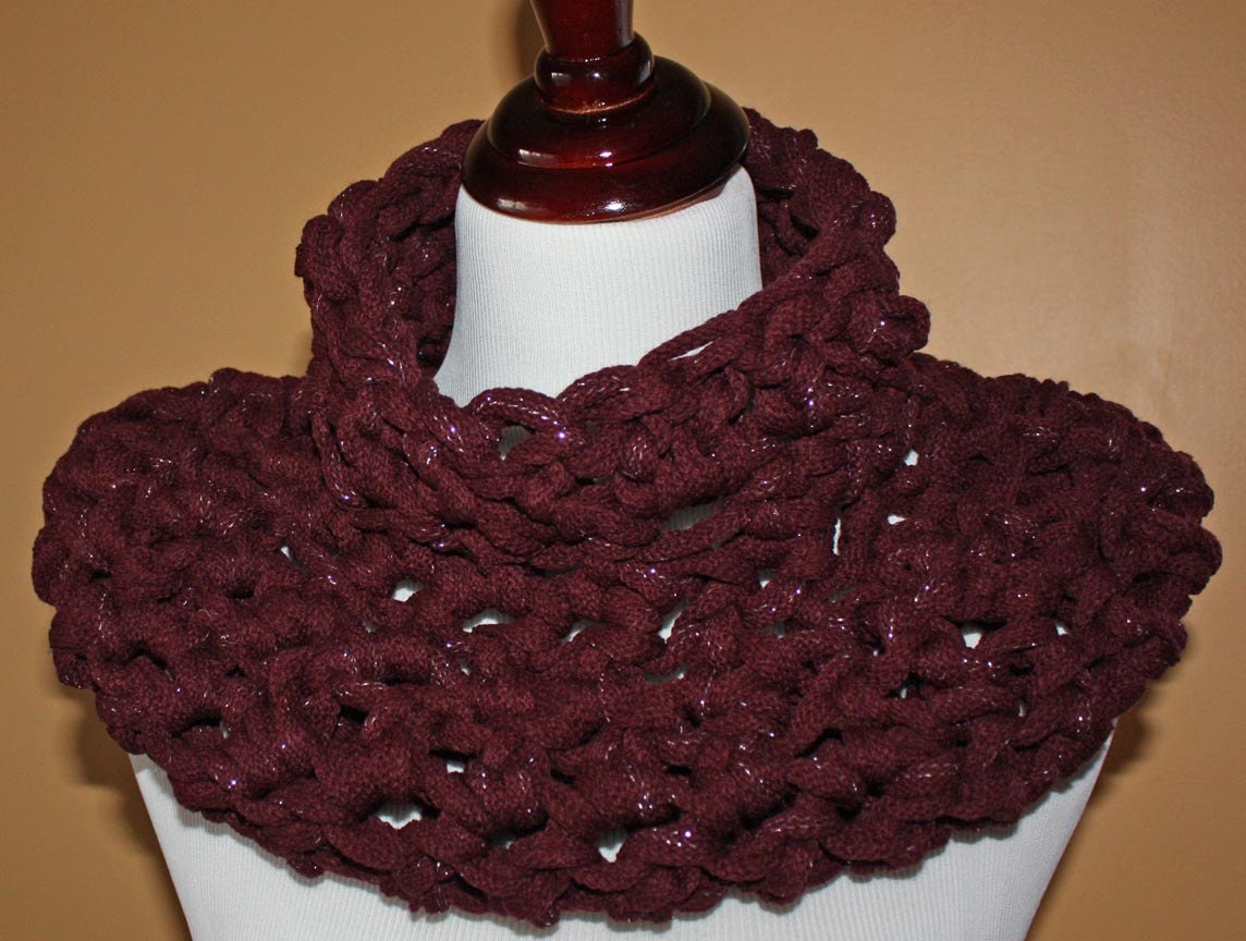 ON SALE Super Thick and Chunky Burgundy Crochet Cowl and Shawl - Neckwarmer - Original Design
