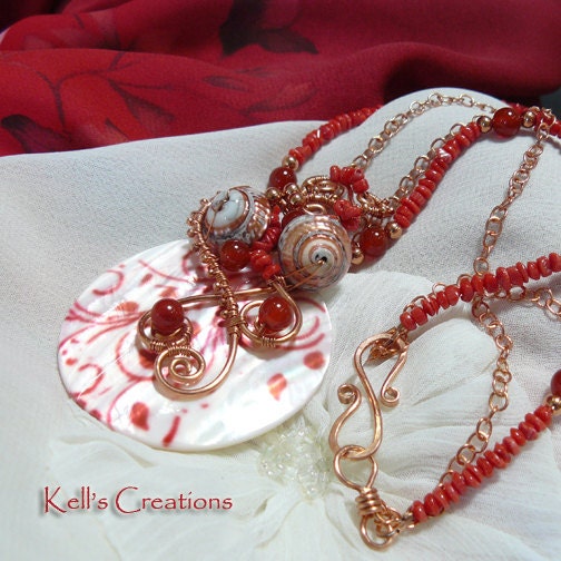 Red Arabesque Coral Copper and Mother of Pearl Pendant
