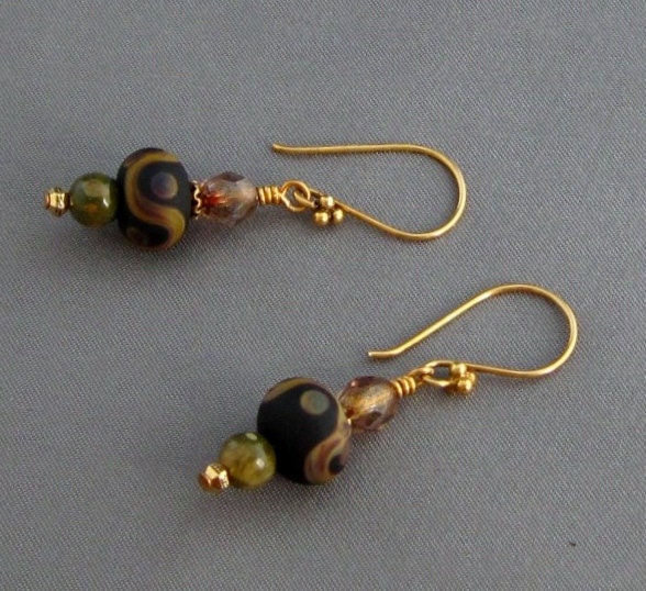 Ranmoor Inn Earrings of Tribal Design American Artisan Lampwork and Czech Fire Polished Beads