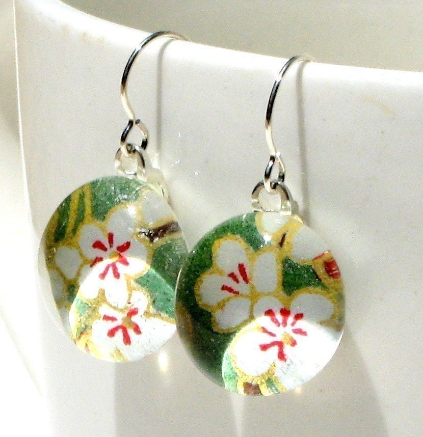 green garden geisha gem danglies - glass and Japanese chiyogami earrings with eco friendly Argentium sterling silver