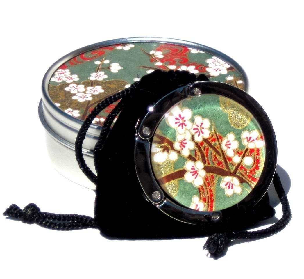 Geisha Gem Purse Hook - Rebirth - A Handcut Glass and Japanese Chiyogami Purse or Bag Hanger - Foldable. Portable. Adorable. (TM)