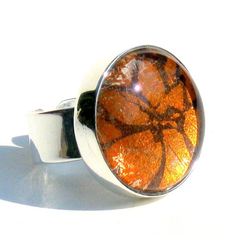 Large Silver Cocktail Ring. Metal and Glass Copper Flowrer Adjustable Ring: Autumn Flower