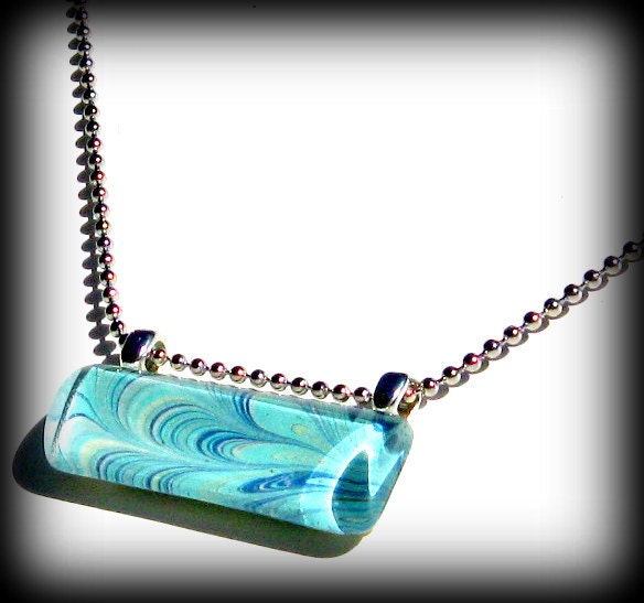 Peacock Pendant. Aqua Blue Necklace. Glass Bar Pendant Necklace : Peacock Tails