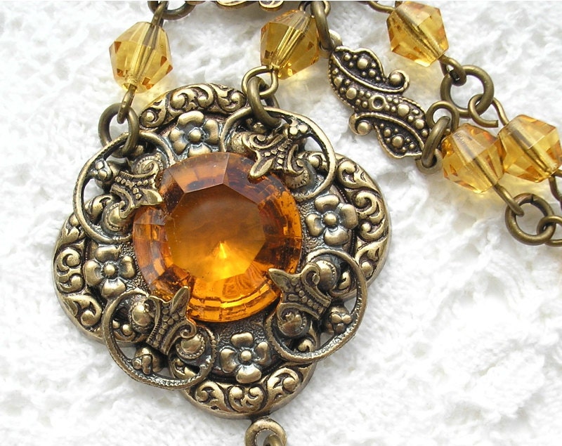 Royal Topaz - Victorian Style Glass Jewel Layered Filigree Necklace