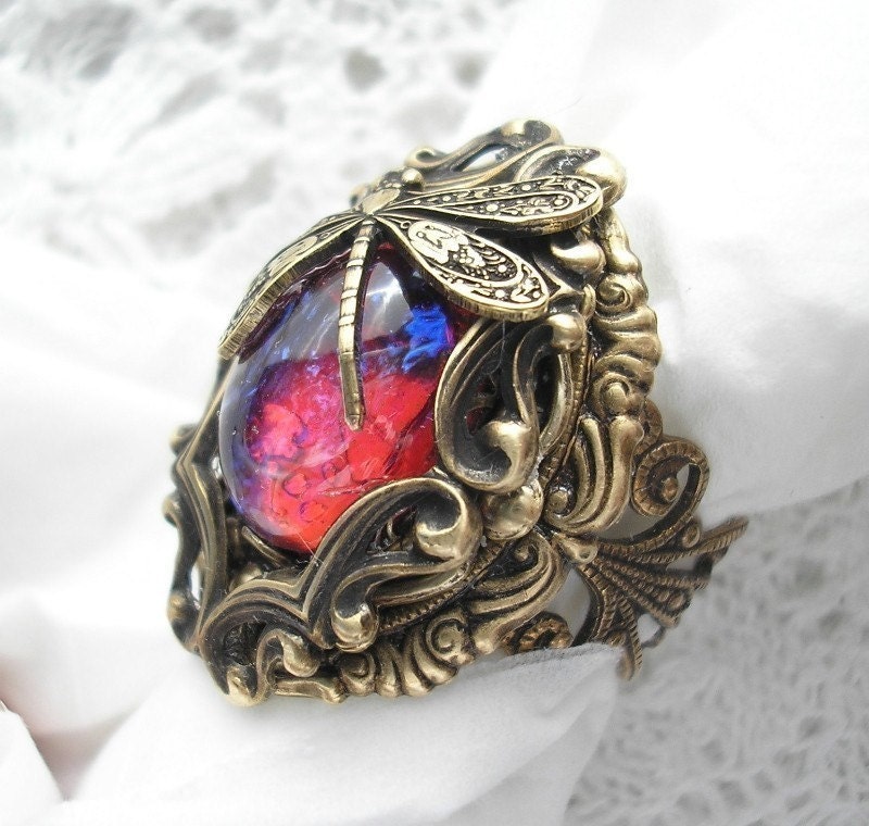 Dream Weaver Ring - Mexican Glass Fireopal in Antiqued Brass