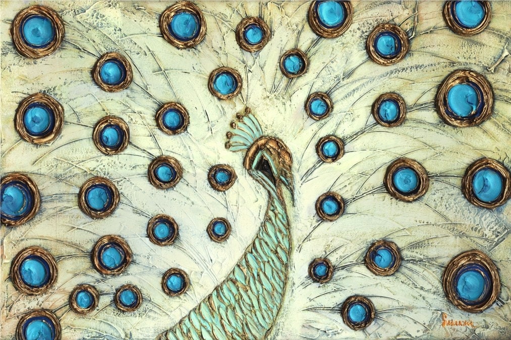 Large Abstract modern white blue peacock contemporary Fine Art 36x24 PRINT