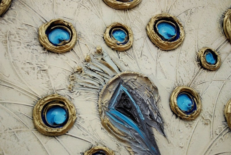 ORIGINAL Abstract White Peacock Painting Huge Contemporary Sculpture on canvas by Susanna 48x36