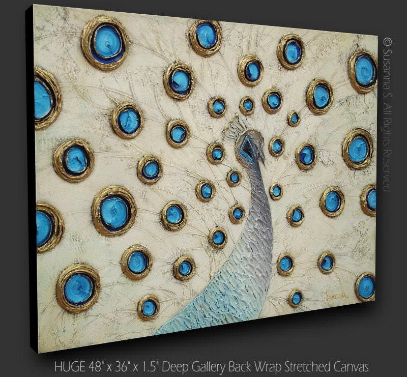ORIGINAL Abstract White Peacock Painting Huge Contemporary Sculpture on canvas by Susanna 48x36