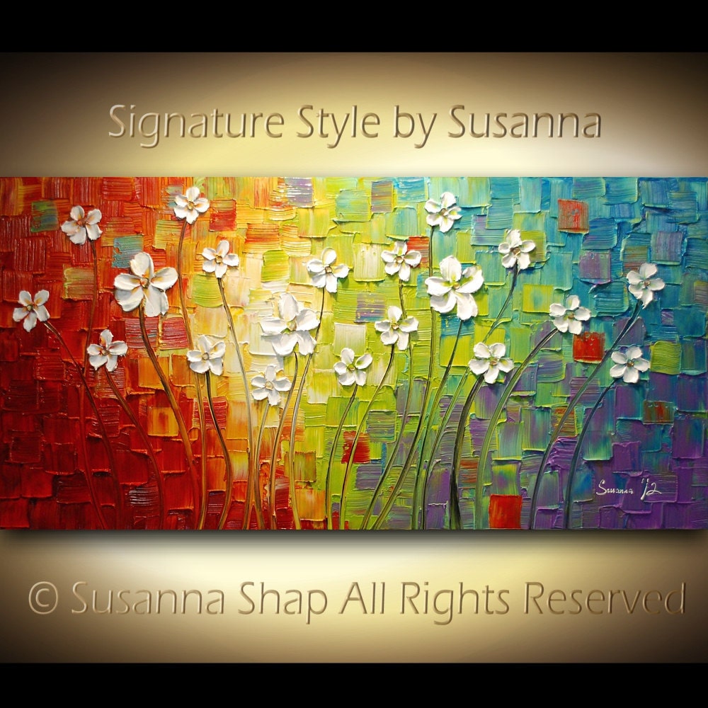 ORIGINAL Large Abstract Contemporary White Flowers Landscape Heavy Texured Modern Multicolored Painting  by Susanna Ready to Hang 48x24