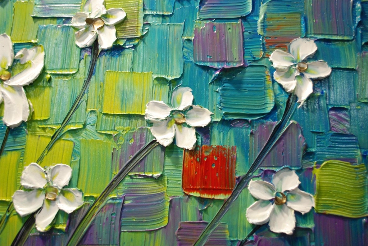 ORIGINAL Large Abstract Contemporary White Flowers Landscape Heavy Texured Modern Multicolored Painting  by Susanna Ready to Hang 48x24