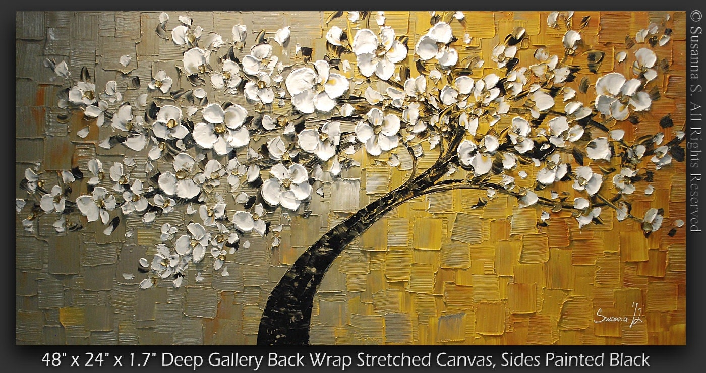 ORIGINAL Abstract Contemporary Weeping White Cherry Blossom Tree Painting Thick Texture Ready to Hang Gallery Canvas 48x24 by Susanna