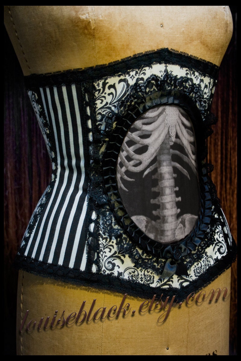 Size 23 SMALL Nouveau Skeleton Cameo Corset by Louise Black Ready to Ship in rococo and stripe fabrics