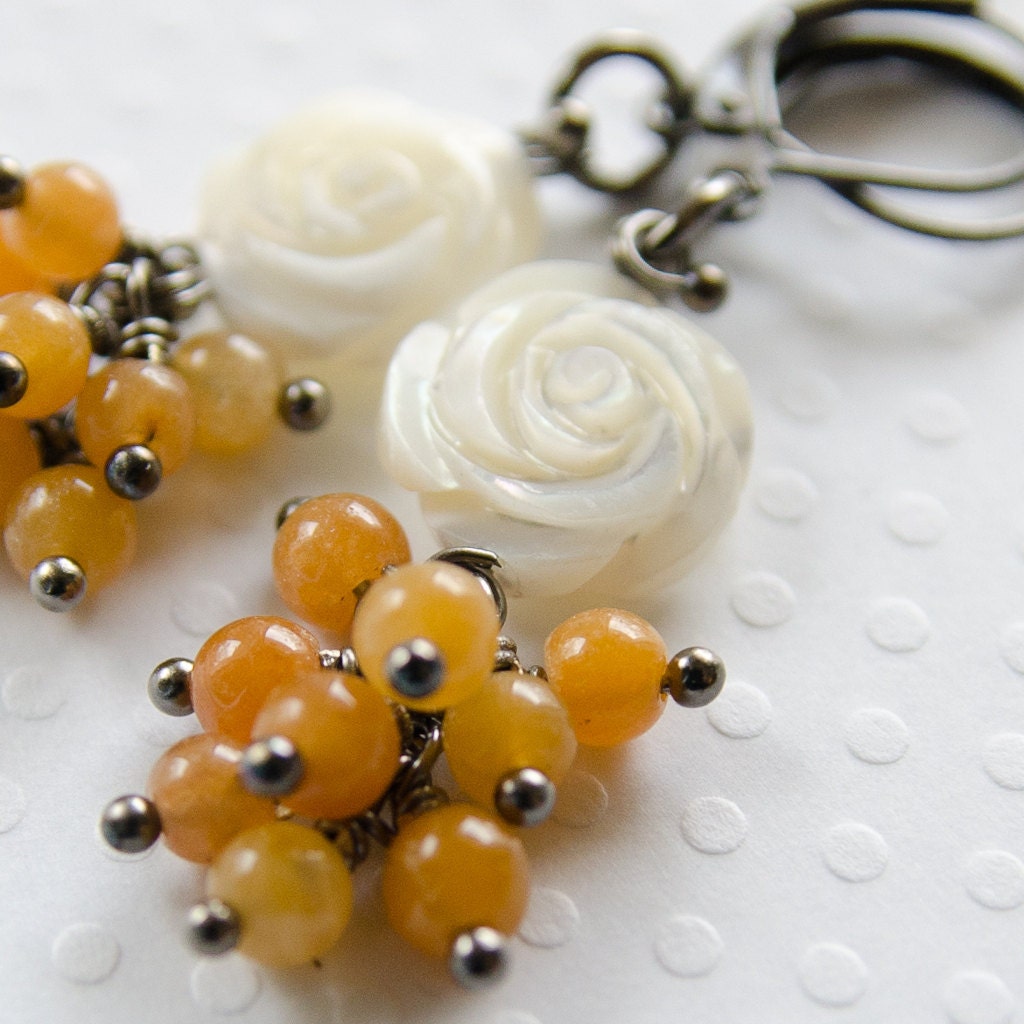 Serene Spring - Large Cluster Earrings - Mother of Pearl and Golden Quartz
