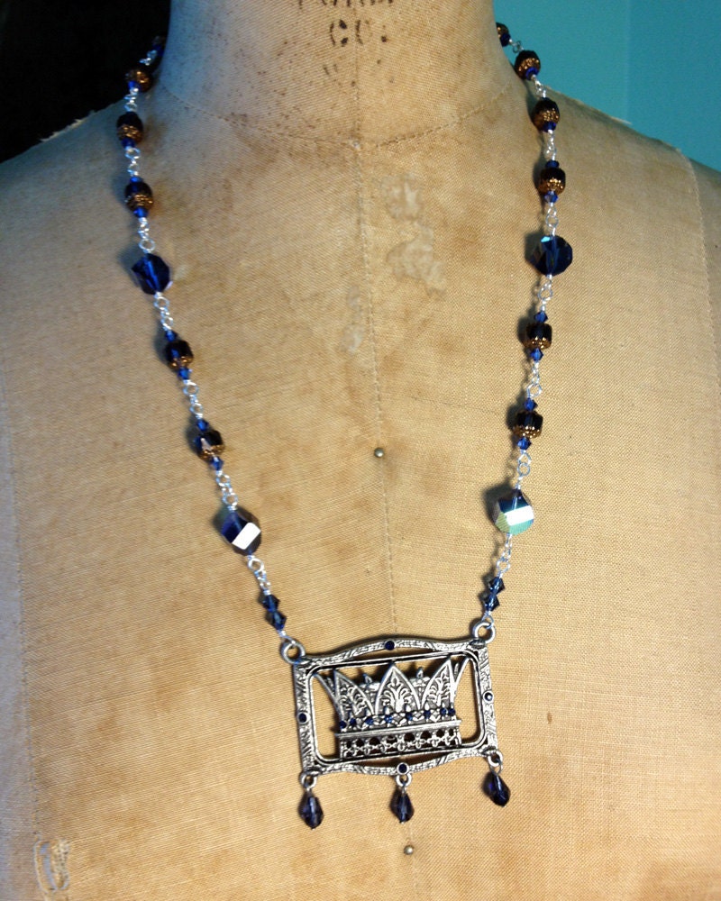 Silver and Royal Blue Crown Necklace