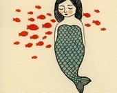 blue mermaid with fishes gocco screen print