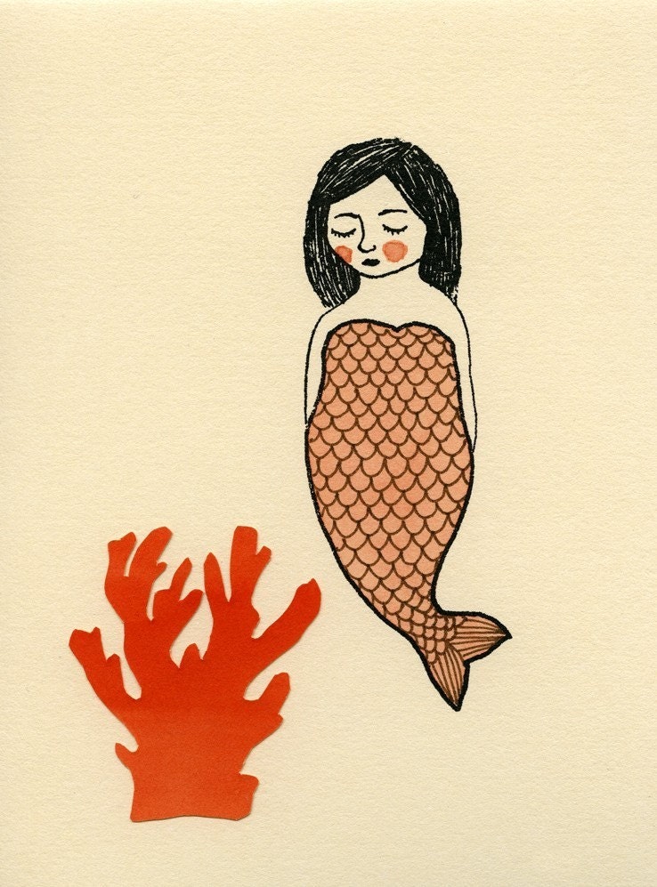 pink mermaid with coral gocco screen print