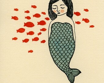 blue mermaid with fishes gocco screen print