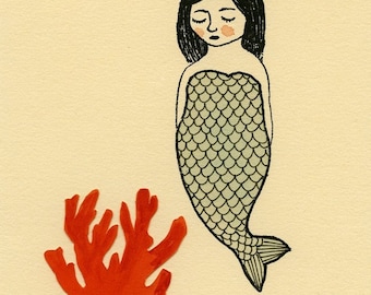 blue mermaid with coral gocco screen print