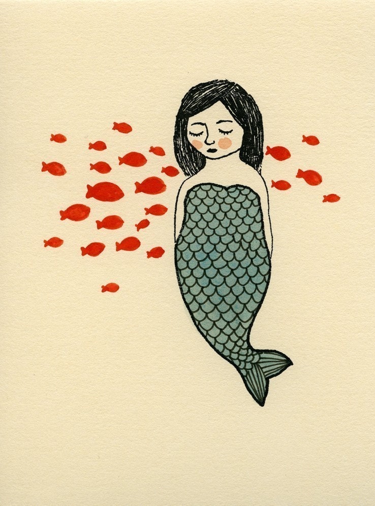 blue mermaid with fishes gocco screen print