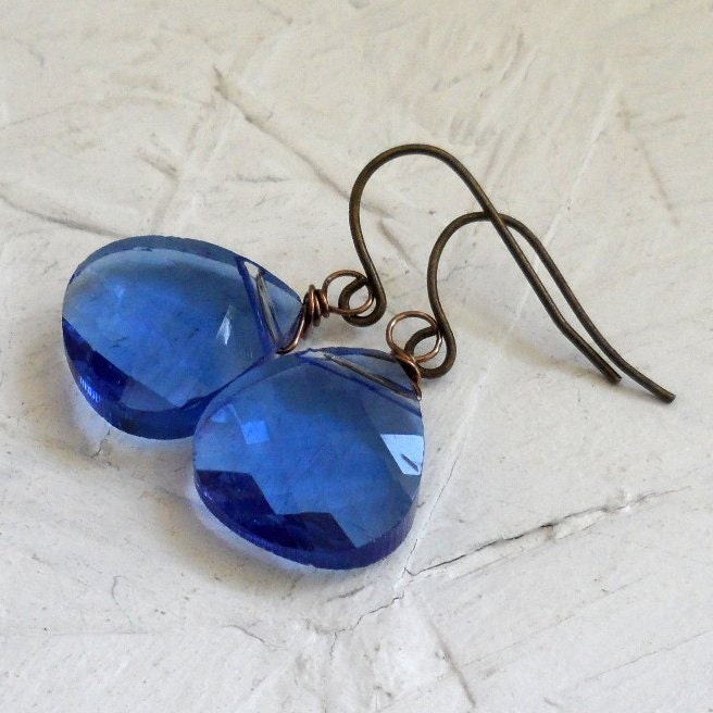 Sapphire Swarovski Antique Brass Earrings