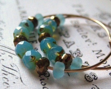 gold hoop earrings Bohemian Style picasso beaded aqua sea glass metalic golden bronze