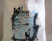 Blue Cat & Birds in Tree Cotton Hand Bag, Tote, Book Bag, Back to School, Gift Bag - Etsy