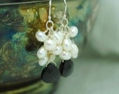 ivory Bridal Earrings Cluster Freshwater Pearl, Swarovski Black Briolette, Dangle, Special Occsion, Alicia E257B09b