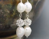 Bridal Earrings, White Freshwater Pearl Earrings, Bridal Jewelry, Wedding Earrings, Elegant Dangle Swarovski Fireball, Special Occasion