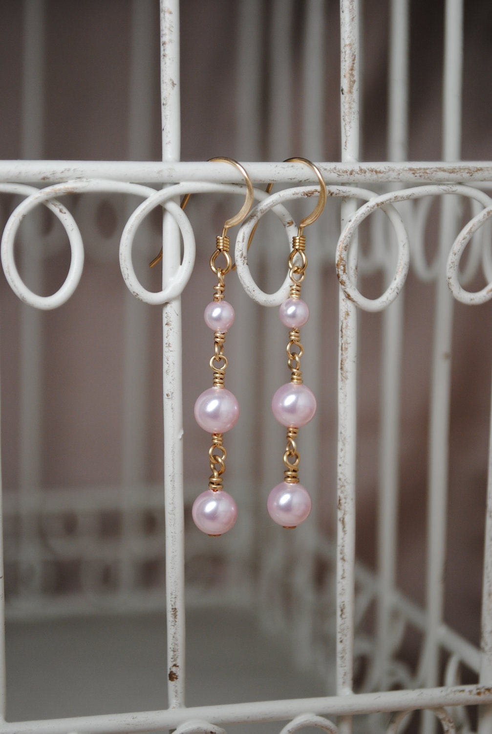 Pink Bridesmaids Earrings, Bridal Pearl Earrings, Long Dangle, 3 Tier Swarovski Rosaline Pearls,  Wedding Earrings, Brides Earrings