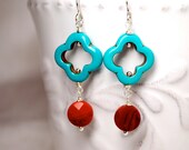 Turquoise Howlite Clover Earrings, Coral Quartz Dangle Earrings, Red, Blue, Sterling Silver, Stone Fashion Earrings, EF1106