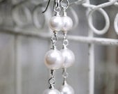 Pearl Bridal Earrings, White Pearl Wedding Earrings, 3 Tier Swarovski Pearl, Long, Dangle, Bridal Jewelry, Bridesmaids Earrings
