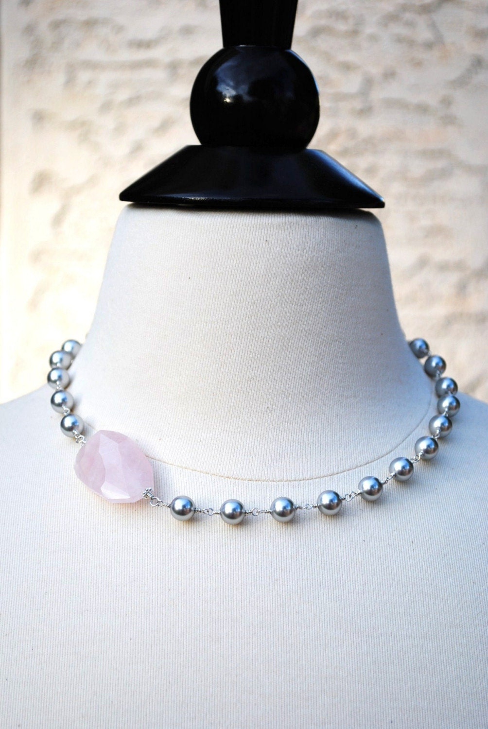 Bridesmaids Necklace, Light Grey Swarovski Pearls, Rose Quartz Faceted Nugget, Wire Wrapped, Sterling Silver, Fashion Necklace, Bridal