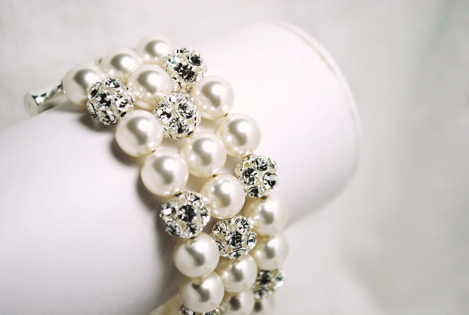Bridal Bracelet, White Pearl and Rhinestone 3 Strand Wedding Bracelet, Elegant, Swarovski Pearls, Thick, B244B10