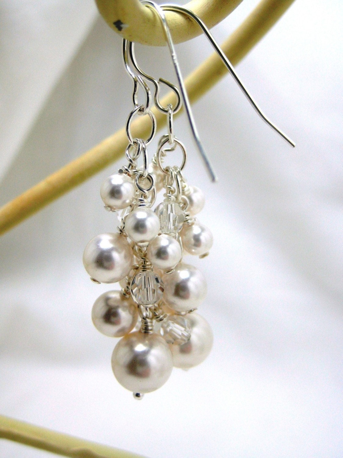 Bridal Earrings, White Pearl Crystal Cluster Earrings, Dangle Bridal Jewelry, Wedding Jewelry, Amber E240