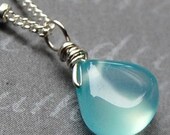 Chalcedony Necklace, Sterling Silver Wire Wrapped Tiny Smooth Aqua Gemstone Briolette, Gemdrops, hamptonjewels