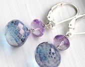 Purple Blue Earrings, Amethyst, Quartz Gemstones Sterling Silver Wire Wrapped on Leverbacks