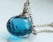 London Blue Topaz Necklace, Sterling Silver Wire Wrapped Gemstone, Deep Ink Peacock Blue Briolette, Gemdrops, hamptonjewels