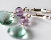 Mint Green Fluorite Lavender Amethyst Wire Wrapped Gemstone Earrings Sterling Silver Leverbacks