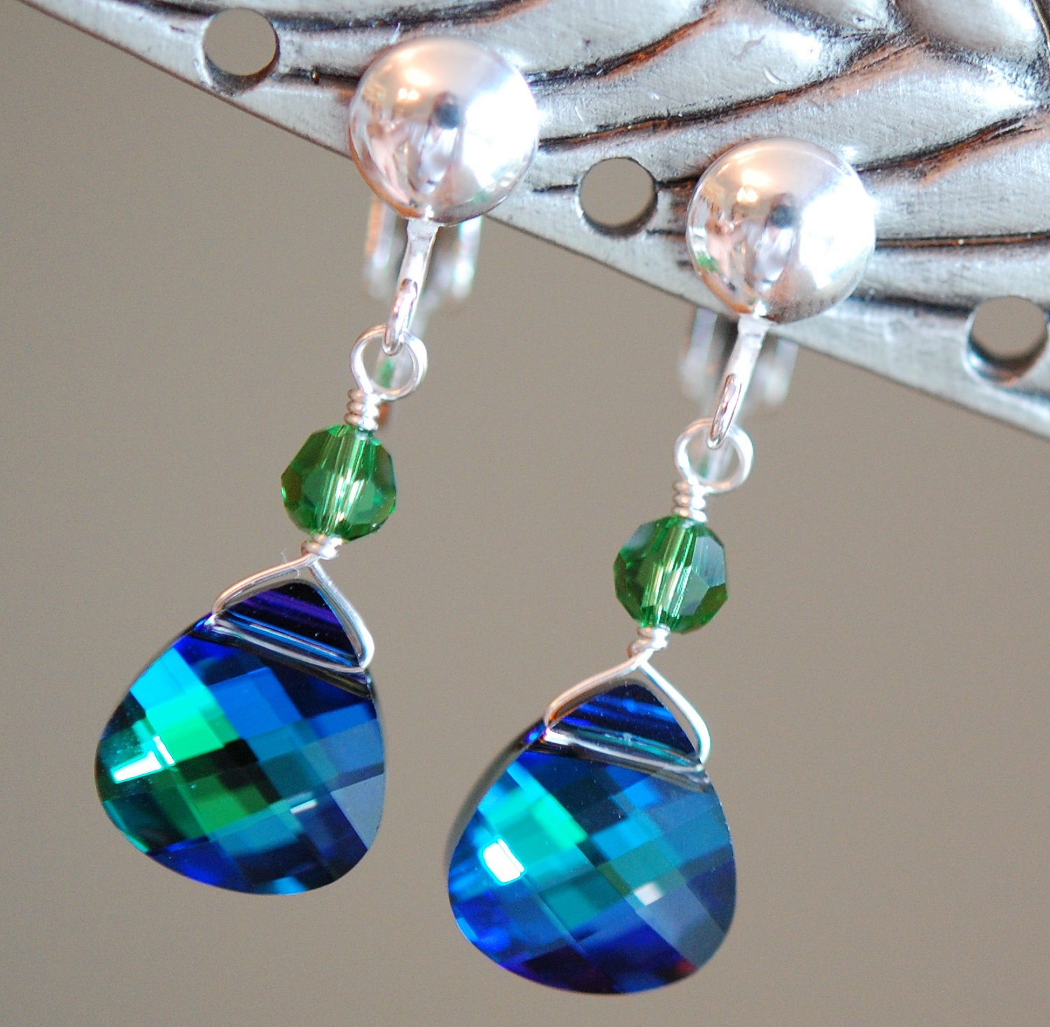 Peacock Bridesmaid Clip On Earrings, Blue Green Swarovski Crystal, Choose your Accent Color, Sterling Silver Wire Wrapped
